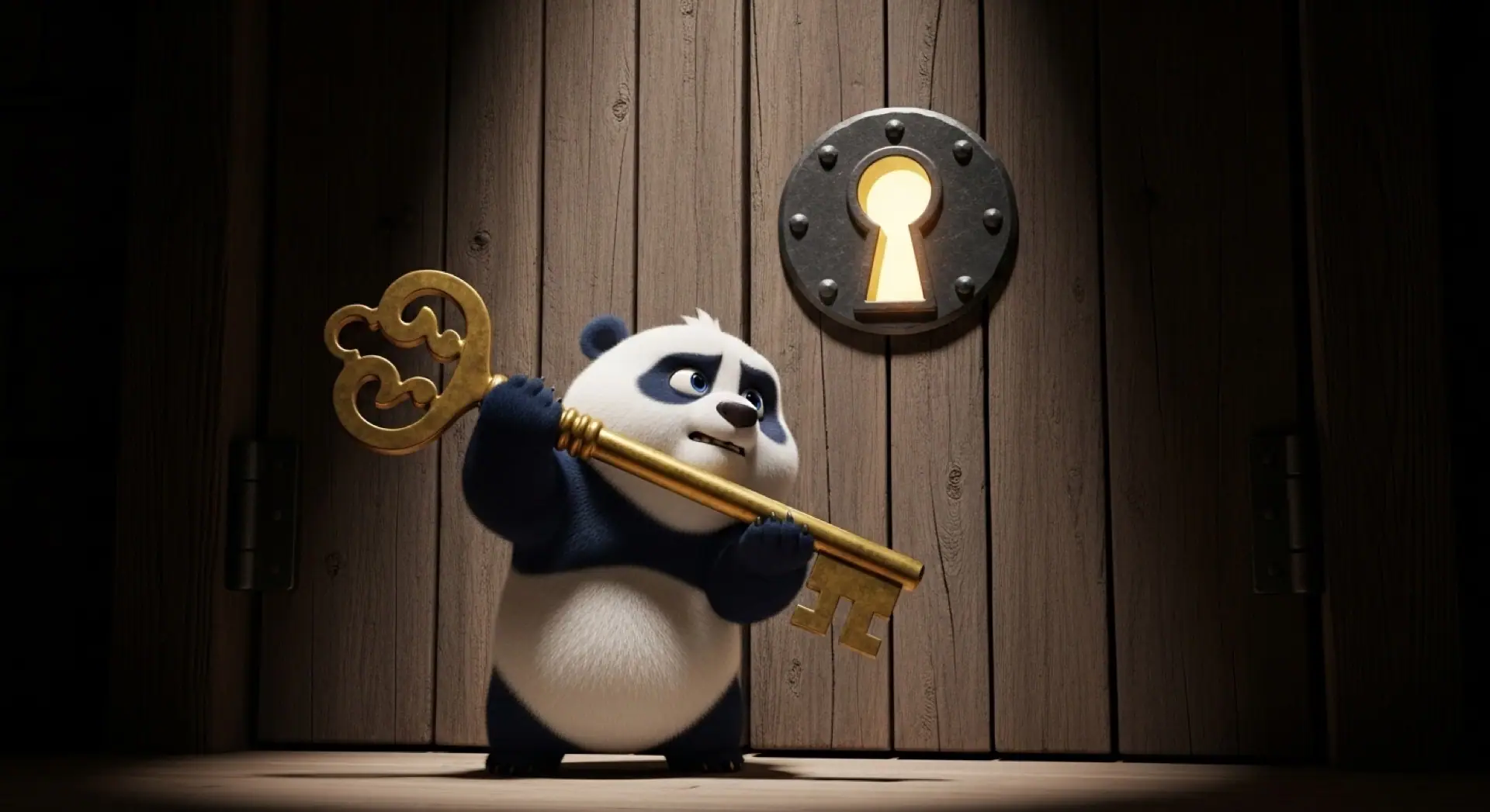 Un adorable panda de caricatura en 3D sostiene con esfuerzo una llave dorada gigante frente a una inmensa puerta de madera, preparándose para un gran desafío