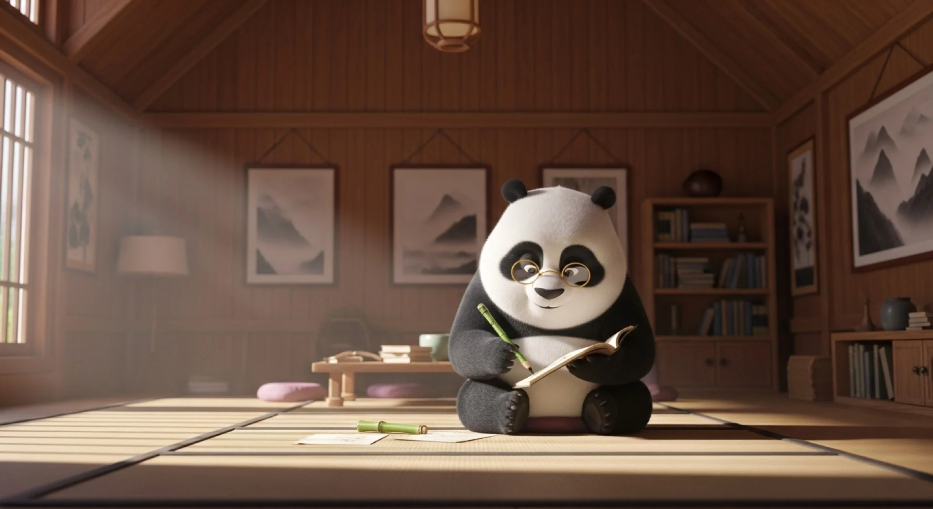 El Maestro Sapien, un panda sabio con gafas, sentado en el suelo de un sereno dojo de madera, escribiendo reflexiones en su bitácora. Un rayo de sol ilumina la habitación