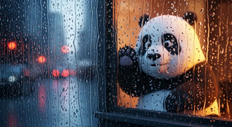 Panda tranquilo visto a través de una ventana con lluvia, contrastando el clima tormentoso exterior con la paz interior.