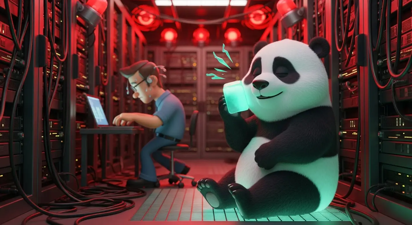 Panda refrescándose con hielo en sala de servidores con alarma roja, representando cómo bajar el cortisol y enfriar el estrés.