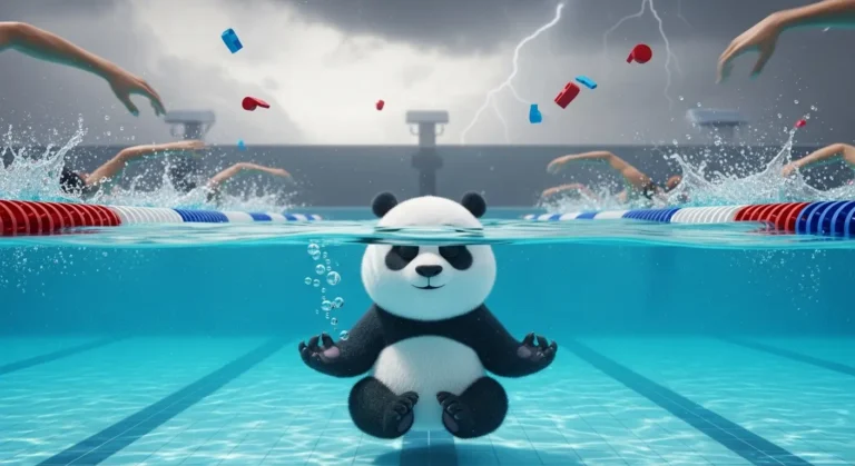 Vista dividida de piscina: caos en la superficie y panda meditando bajo el agua, metáfora de calma profunda frente al ruido externo.