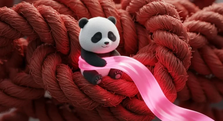 Primer plano de panda pequeño suavizando un nudo de cuerda gigante, simbolizando el alivio de contracturas y tensión muscular.
