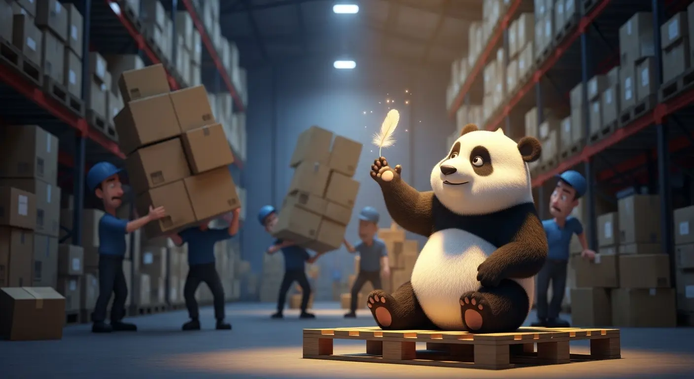 Panda equilibrando una pluma en un almacén caótico, metáfora de ligereza frente al dolor de espalda por estrés y carga laboral.