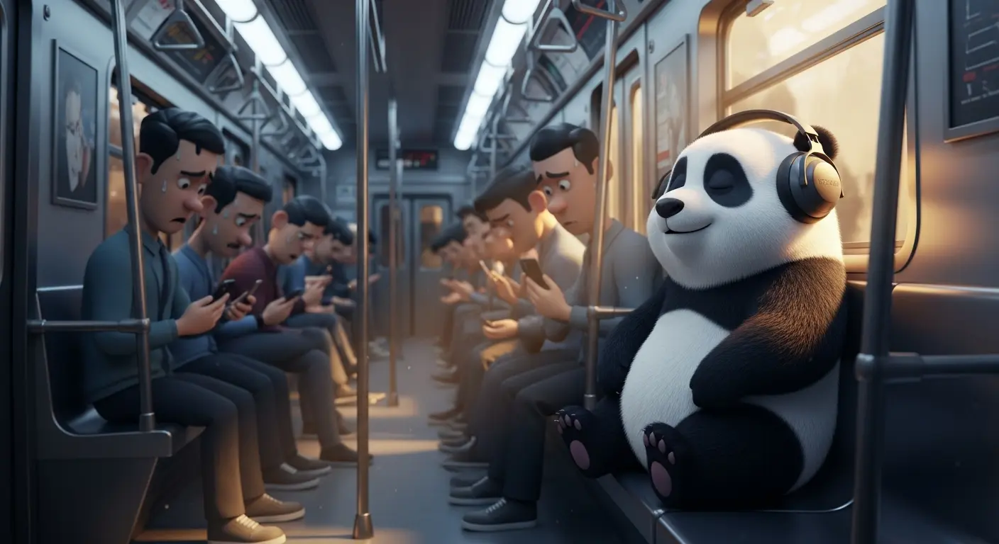 Primer plano de panda con gafas de sol reflejando una oficina caótica, ilustrando actitud estoica ante el estrés