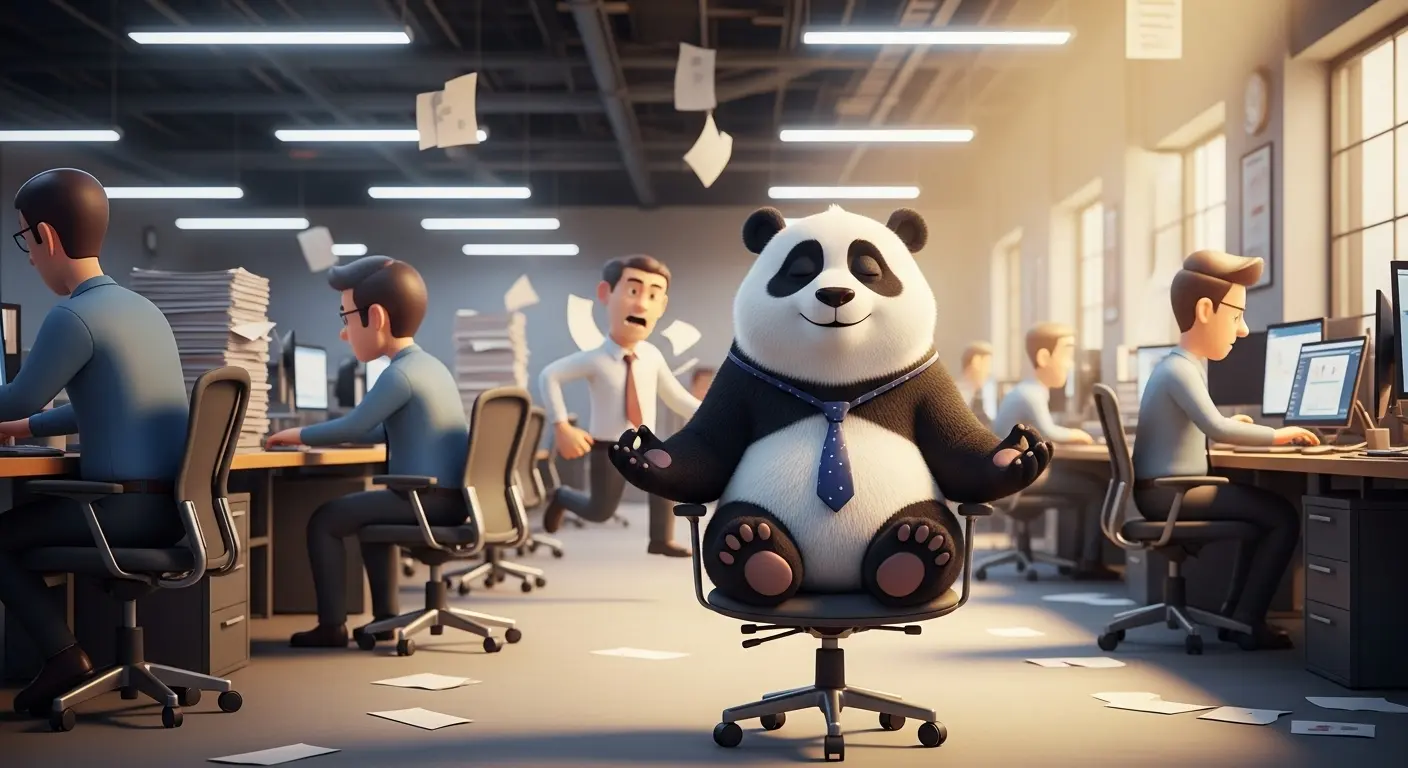 Panda 3D meditando en oficina caótica representando el alivio del estrés laboral y la calma mental.