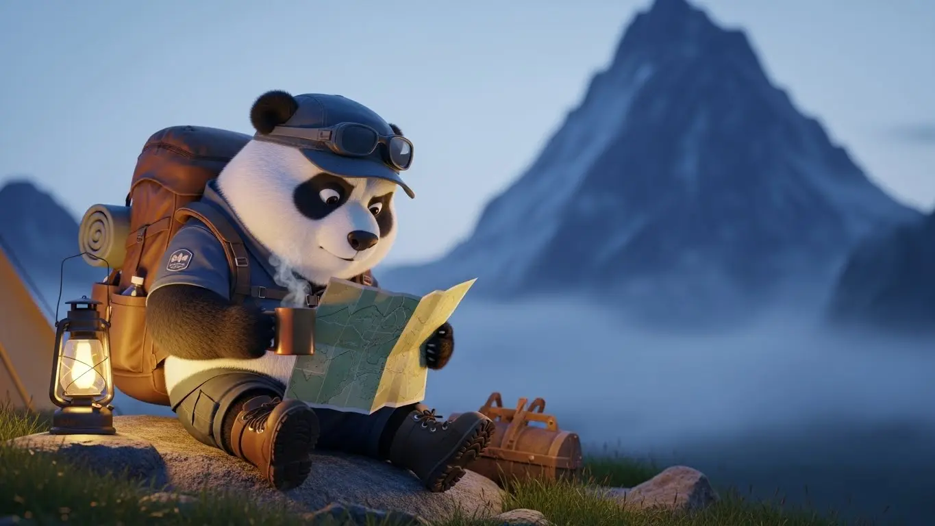 Panda excursionista descansando en campamento base revisando mapa, metáfora de estrategia y pausa antes de enfrentar el burnout.