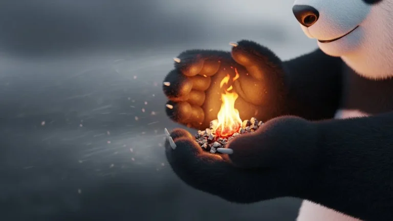 Primer plano de manos de panda protegiendo una pequeña brasa del viento, simbolizando el cuidado de la energía vital.