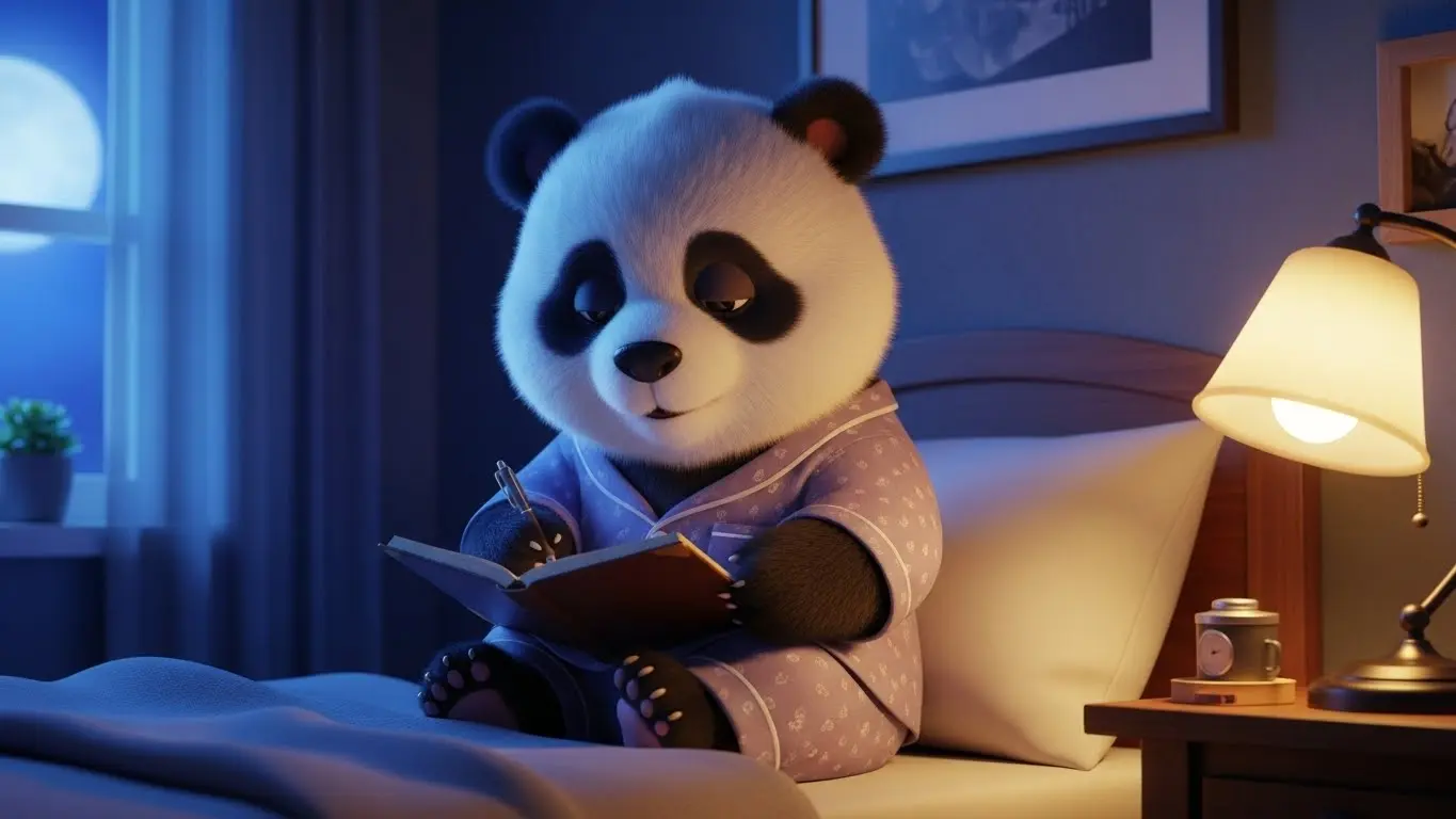 Panda con pijama escribiendo en libreta para combatir insomnio por ansiedad.