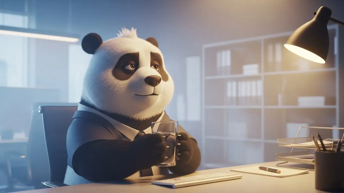 Panda en oficina rodeado de niebla mental bebiendo agua para recuperar claridad y enfoque.