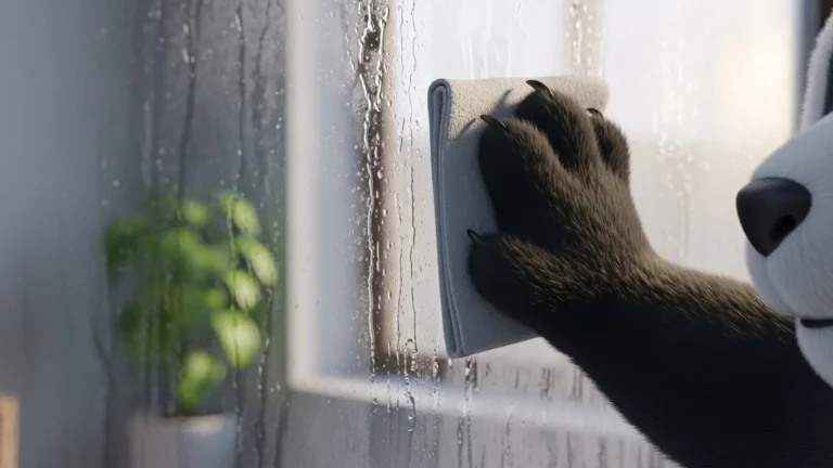 Pata de panda limpiando ventana empañada revelando claridad, metáfora de superar la fatiga mental.