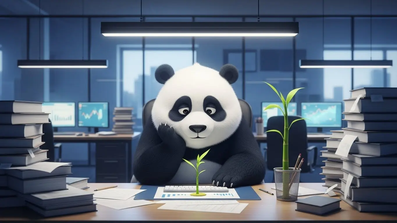 Panda agotado en oficina mirando un brote de bambú, metáfora de esperanza y resiliencia ante el burnout laboral.
