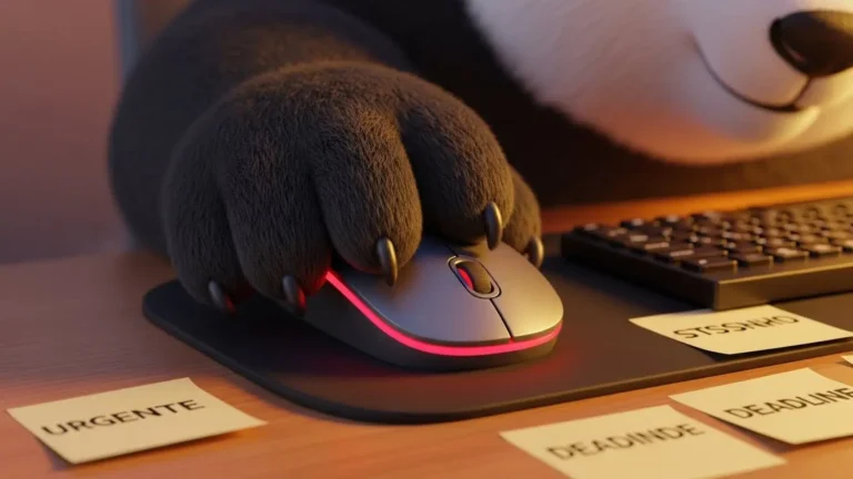 Panda agotado en oficina mirando un brote de bambú, metáfora de esperanza y resiliencia ante el burnout laboral.