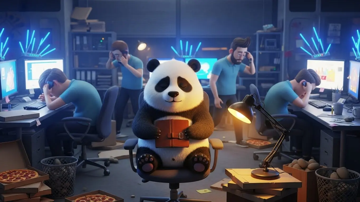Panda adorable anotando preocupaciones en libreta en oficina caótica nocturna, contrastando ansiedad azul con calma cálida.