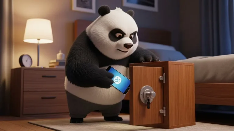 Panda guardando celular en caja fuerte para evitar insomnio y ansiedad nocturna.