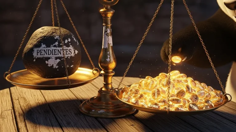 Balanza pesando muchos pequeños logros dorados sobre una gran tarea pendiente