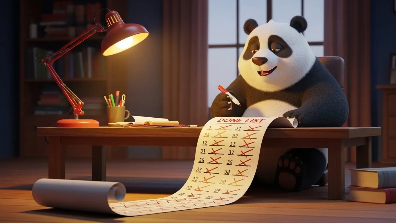 Panda revisando lista de logros cumplidos en fin de año con satisfacción.