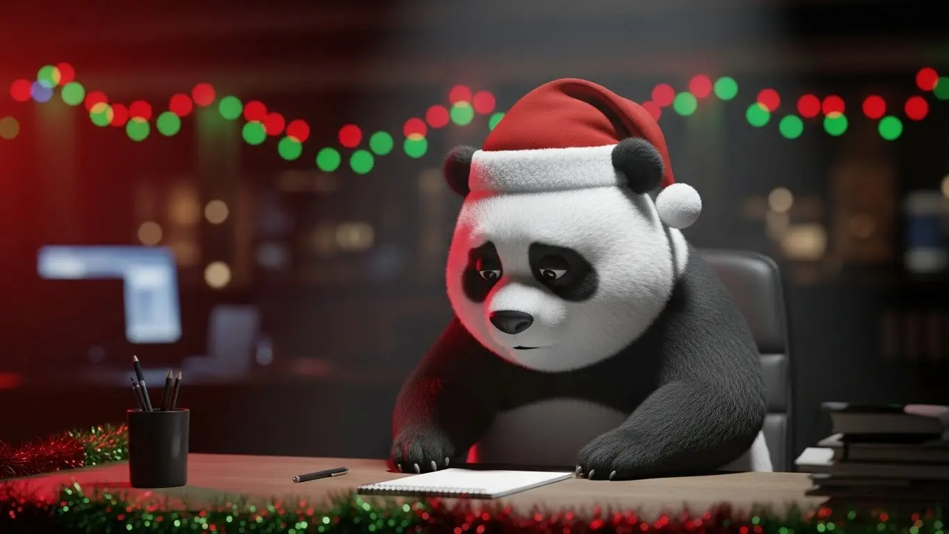 Panda triste y gris en oficina decorada de Navidad, representando depresión laboral y contraste emocional.