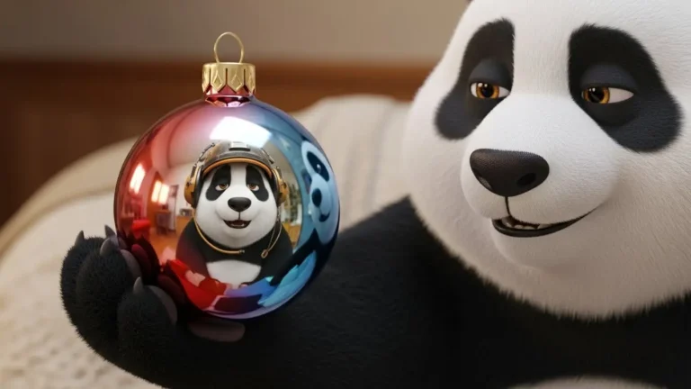 Reflejo en adorno navideño muestra panda agotado por trabajo, metáfora de la tristeza interior oculta.