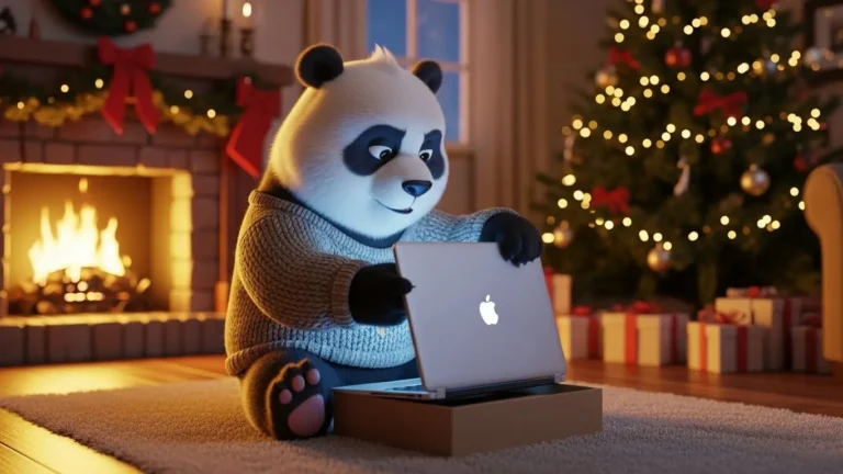 Panda cerrando laptop en Navidad para desconectar del trabajo y combatir la depresión laboral.