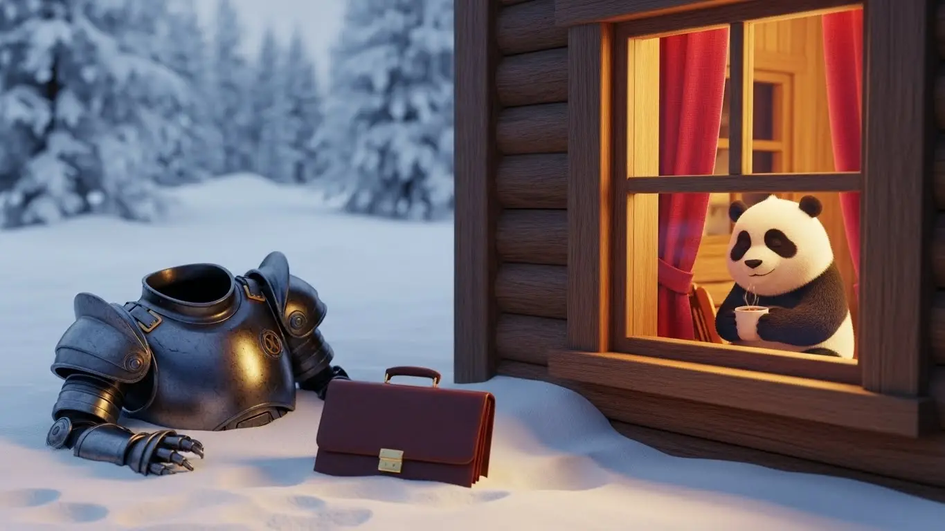 Armadura de trabajo abandonada en la nieve mientras panda descansa en cabaña, metáfora de soltar la carga laboral.