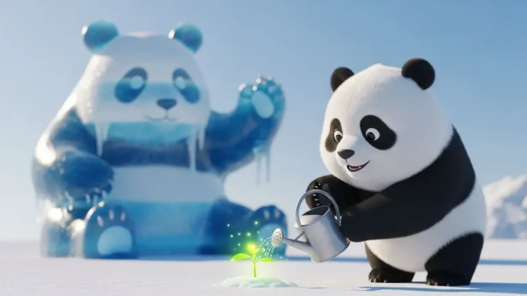 Panda cuidando una pequeña planta real mientras una estatua gigante de hielo se derrite al fondo.