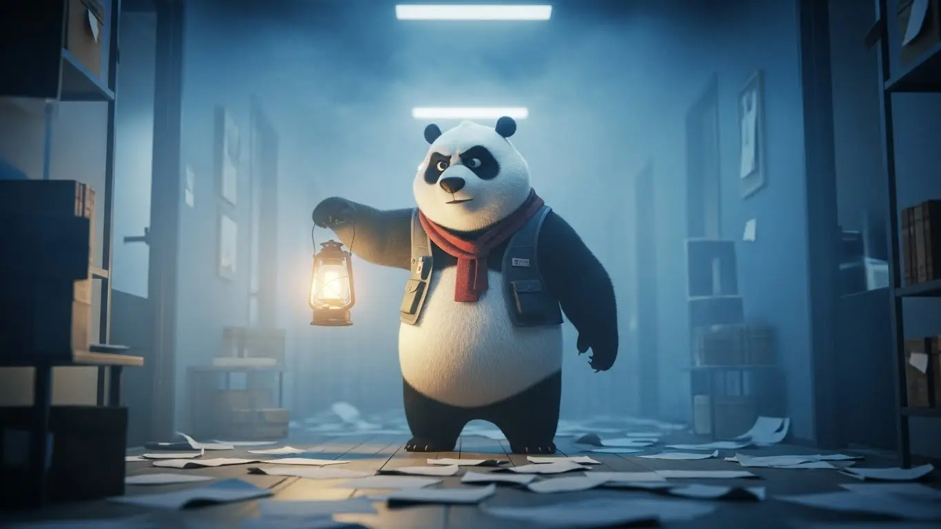 Panda avanzando con linterna a través de niebla y caos de papeles, simbolizando disciplina y enfoque