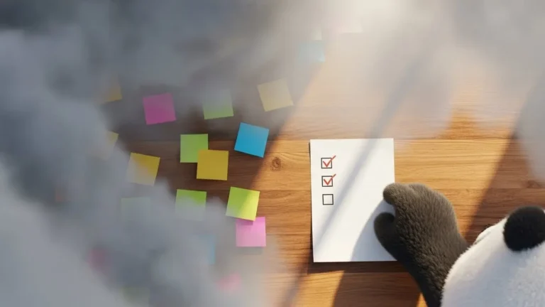 Escritorio dividido entre niebla con caos de notas y claridad al usar una lista simple de tareas.