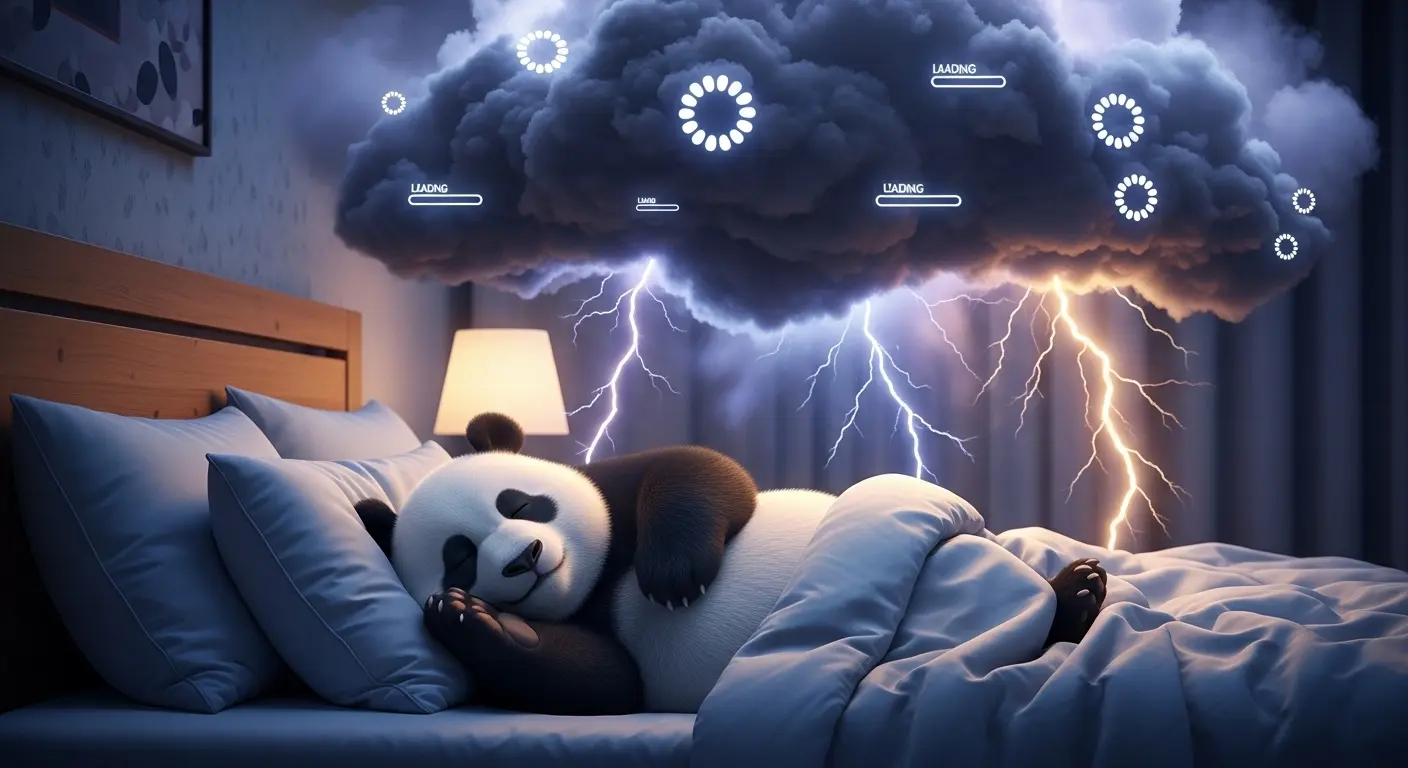 Panda durmiendo pero con una nube de carga mental pesada encima, metáfora de cansancio no resuelto.
