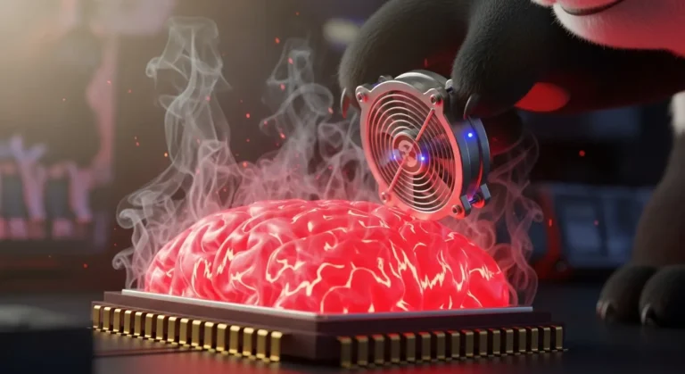Procesador con forma de cerebro sobrecalentado siendo enfriado, metáfora de fatiga cognitiva.