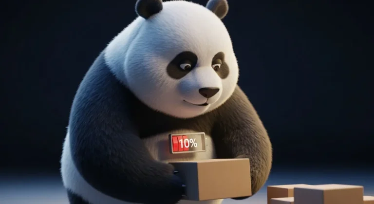 Panda trabajando con batería al 10% moviendo piezas ligeras, metáfora de productividad baja