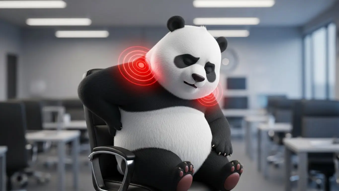 Panda sufriendo dolor de espalda en la oficina por estrés laboral acumulado.
