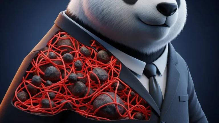Visión de rayos X mostrando piedras y cables enredados dentro de un panda oficinista, metáfora de somatización.