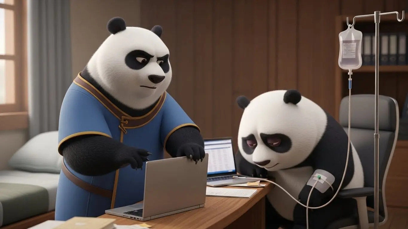 Maestra Valka impidiendo que un panda enfermo siga trabajando, promoviendo el descanso.