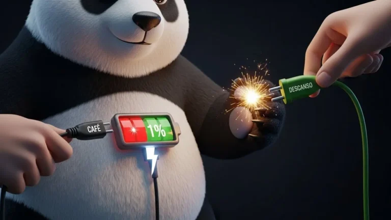 Batería baja de un panda que no carga con café sino con descanso real.