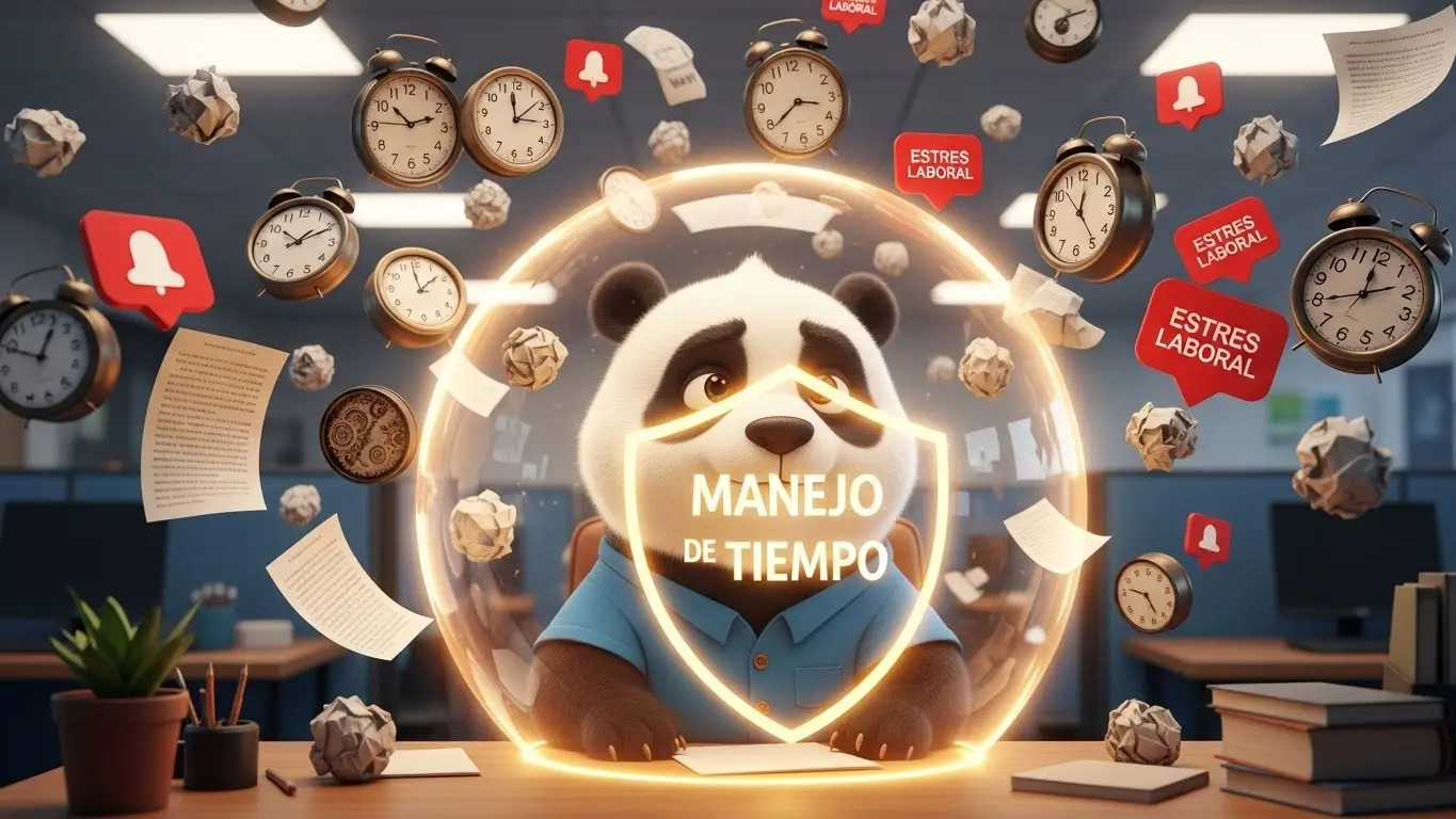 Panda protegido del estrés laboral y el caos de tareas por una burbuja de calma.