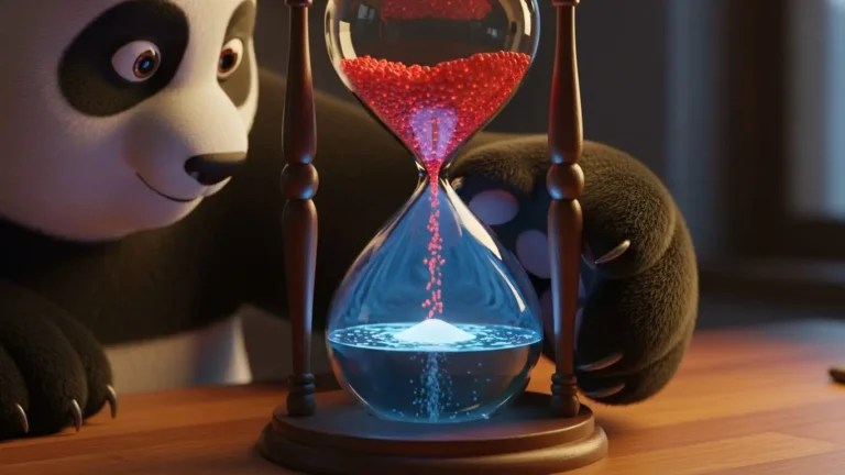 Reloj de arena transformando brasas de burnout en agua de calma, metáfora de gestión del tiempo.