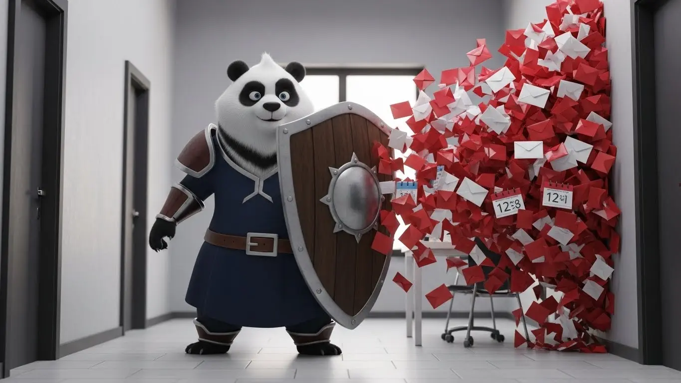 Maestra Panda usando un escudo para bloquear la avalancha de estrés laboral y correos urgentes.