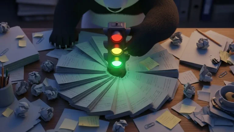 Semáforo de prioridades organizando el caos de un escritorio desordenado