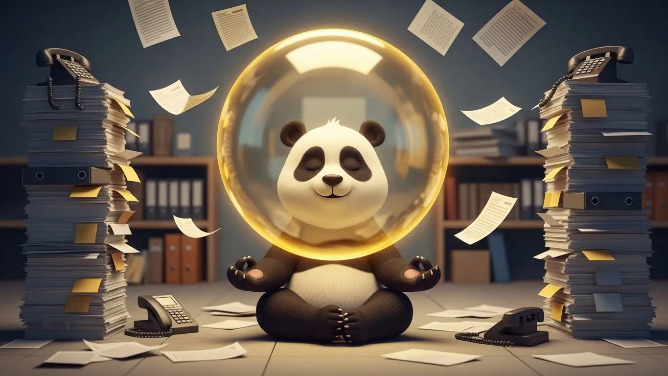 Panda meditando e ignorando el caos de la oficina que se acumula a su alrededor.