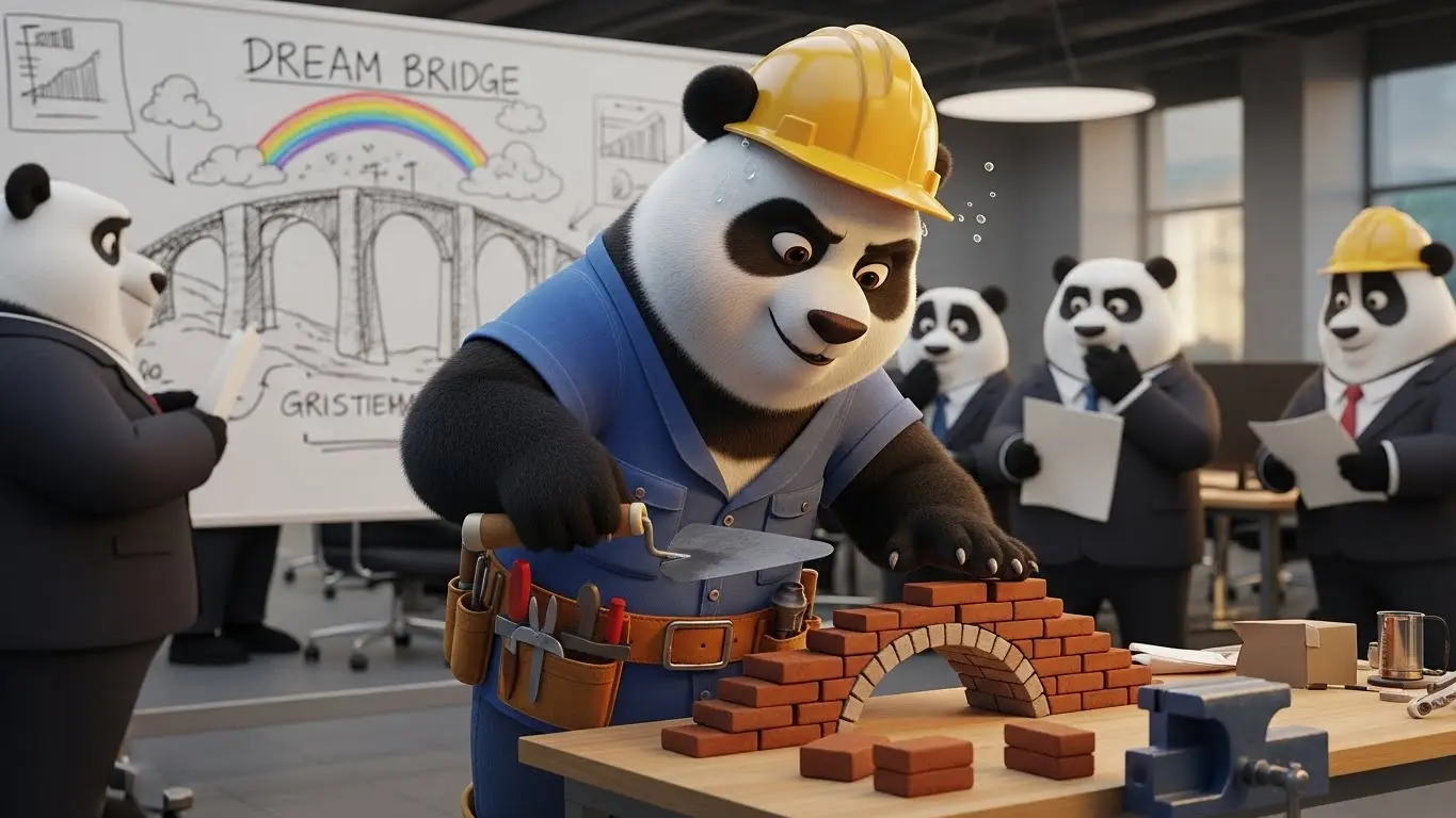 Maestra Valka construyendo un puente real mientras otros solo miran el plano, metáfora de acción.