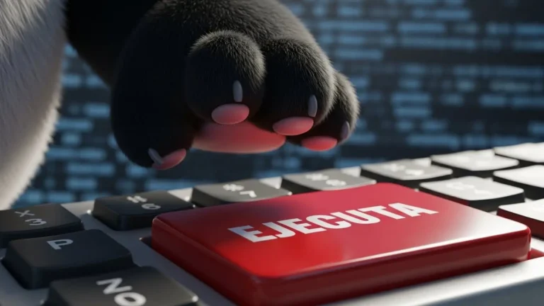 Pata de panda a punto de presionar el botón de ejecutar para tomar acción laboral.