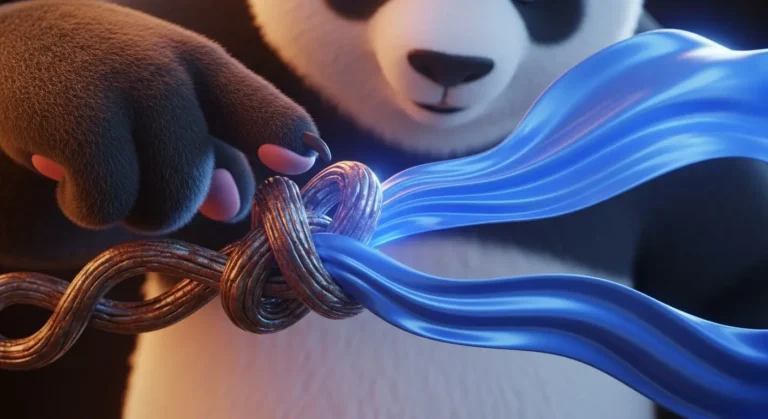 Nudo de metal oxidado transformándose en seda suave al tacto de un panda, metáfora de relajación