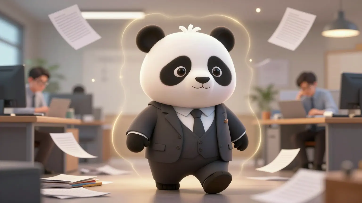 Panda caminando con calma y elegancia en una oficina caótica, representando personalidad premium.