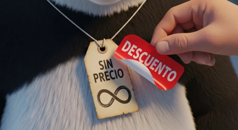 Etiqueta de precio invaluable en un panda que rechaza los descuentos, metáfora de valor propio