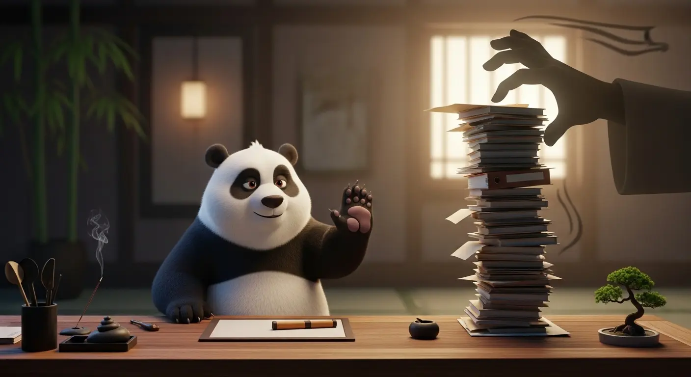 Maestra Valka deteniendo trabajo extra con un gesto de mano firme, representando límites.