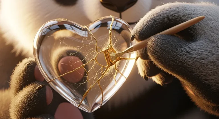 Corazón de cristal siendo reparado con oro por un panda, metáfora de sanar el cansancio emocional.