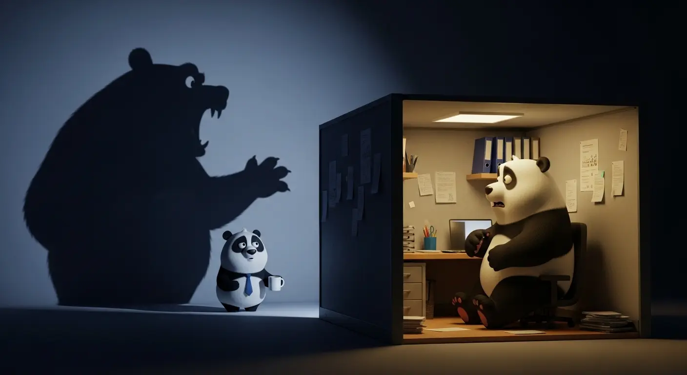 Panda asustado por la sombra gigante de su jefe en la oficina, metáfora de la jerarquía del miedo