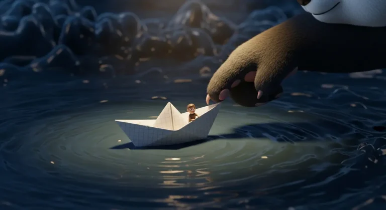 Mano de panda estabilizando un barco de papel en un mar de tinta, representando calma ante la presión jerárquica