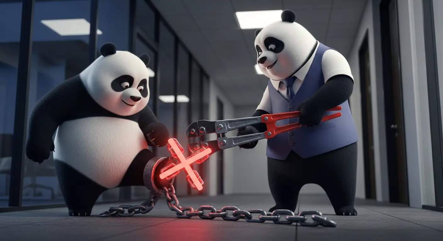 Maestra Panda rompiendo las cadenas del miedo al error en un pasillo de oficina.