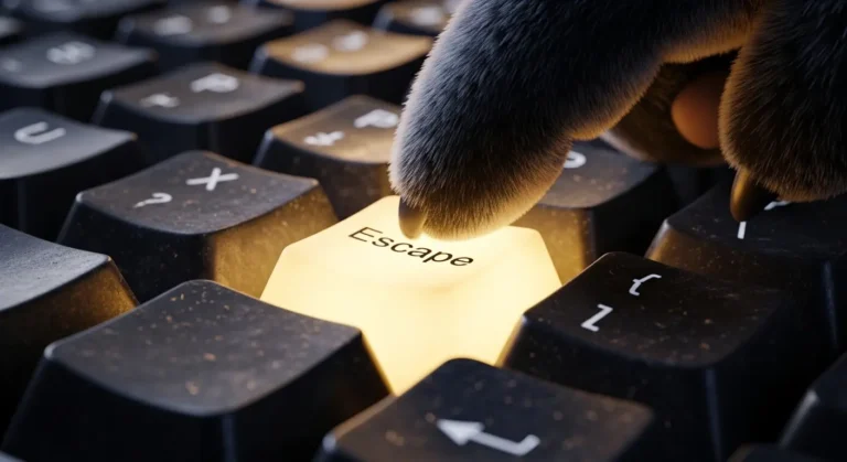 Dedo de panda presionando una tecla de escape luminosa, metáfora de romper la parálisis laboral